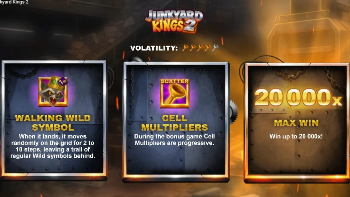 Junkyard Kings 2 স্লট গেমের ইন্টারফেস এবং রাকুন রাজার থিম